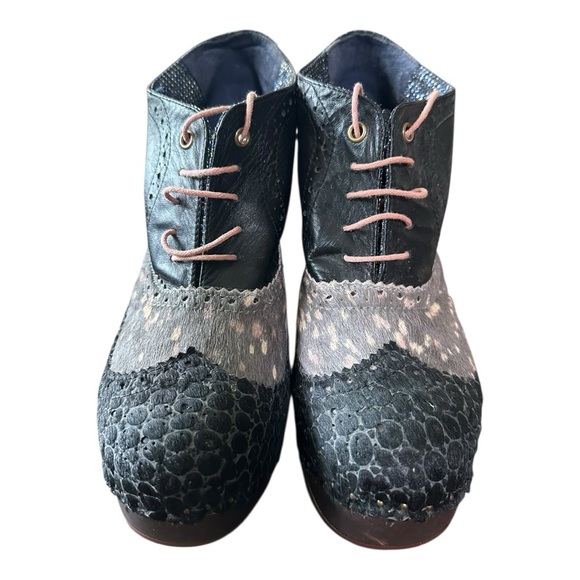 Irregular Choice Black and Grey Leopard Pony Hair Leather Wedge Bootie - Picture 3 of 5